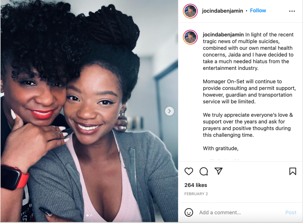 في وقت سابق من هذا الشهر ، نشرت Jocinda رسالة كاشفة على Instagram توضح بالتفصيل نية Jaida في أخذ استراحة من العروض الترفيهية.