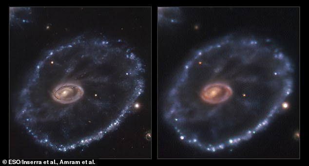 التقط علماء الفلك اللحظة التي انفجر فيها نجم ، على بعد 500 مليون سنة ضوئية من الأرض ، في مستعر أعظم دراماتيكي ، إيذانا بنهاية حياته.  الصورة اليسرى من عام 2014 قبل الانفجار ، وعلى اليمين من عام 2021 ، مع الانفجار في أسفل اليمين