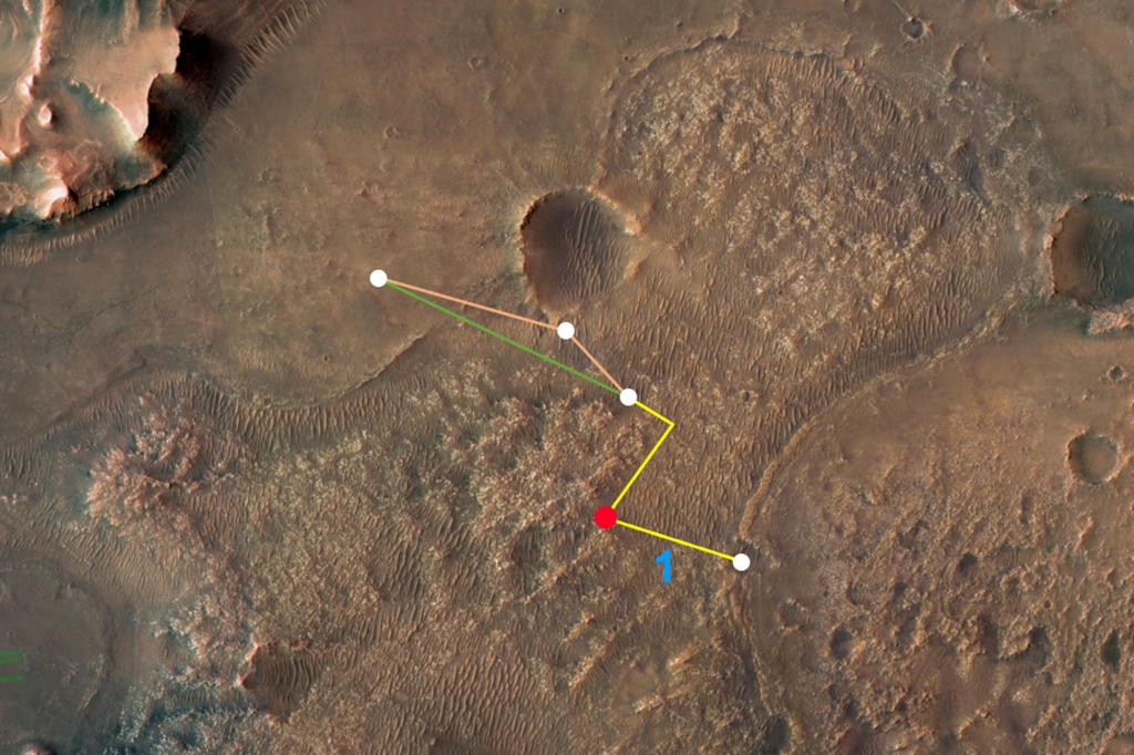 تصور هذه الصورة العلوية المشروحة من مركبة استكشاف المريخ المدارية (MRO) التابعة لناسا الرحلات المتعددة - وطريقين مختلفين - يمكن لطائرة هليكوبتر المريخ المبتكرة التابعة للوكالة أن تشق طريقها إلى دلتا جيزيرو كريتر.