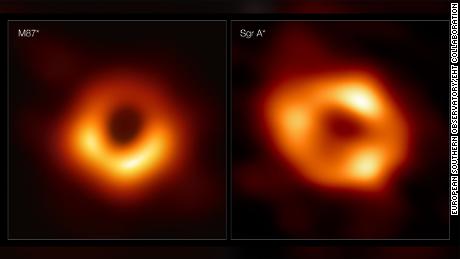 تعرض هذه اللوحات أول صورتين للثقب الأسود.  على اليسار M87 * ، وعلى اليمين القوس A *.