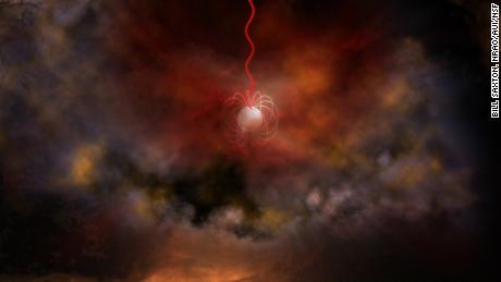 يُظهر الرسم التوضيحي للفنان نجمًا نيوترونيًا بمجال مغناطيسي فائق القوة ، يُطلق عليه النجم المغناطيسي ، ويطلق موجات الراديو (باللون الأحمر). 