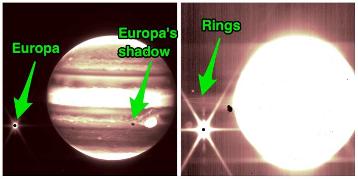 تظهر الصور جنبًا إلى جنب المشتري في نوعين من ضوء الأشعة تحت الحمراء مع قمر كبير يوروبا وحلقات كوكبية رفيعة