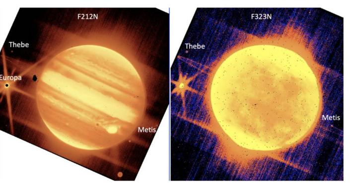 صور جنبًا إلى جنب لكوكب المشتري وقمره بأطوال موجية مختلفة من الأشعة تحت الحمراء برتقالية واحدة تظهر نطاقات جوبيتر واحدة صفراء زاهية