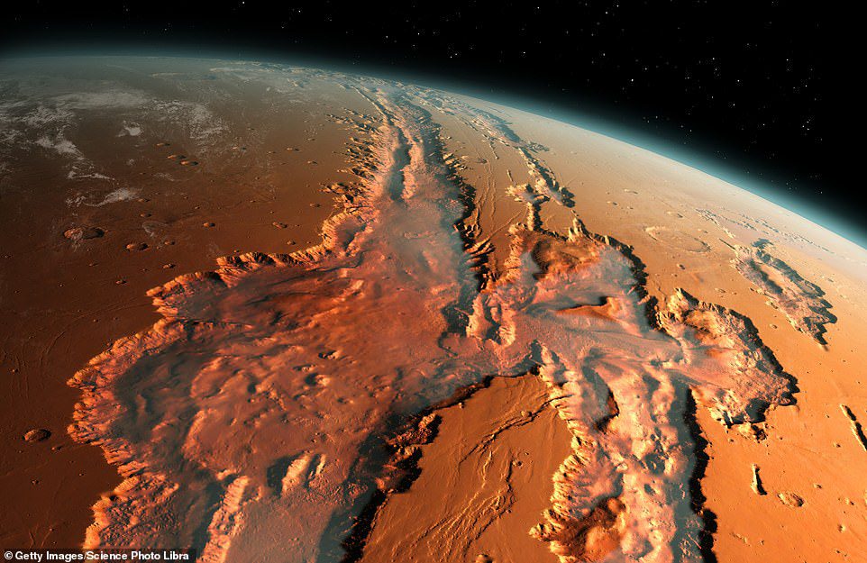 في الصورة أعلاه رسم توضيحي لمنظر مائل لنظام وادي فاليس مارينريس العملاق على سطح المريخ.  تشكلت الأخاديد من خلال مزيج من الصدع الجيولوجي والانهيارات الأرضية والتعرية بفعل الرياح وتدفقات المياه القديمة