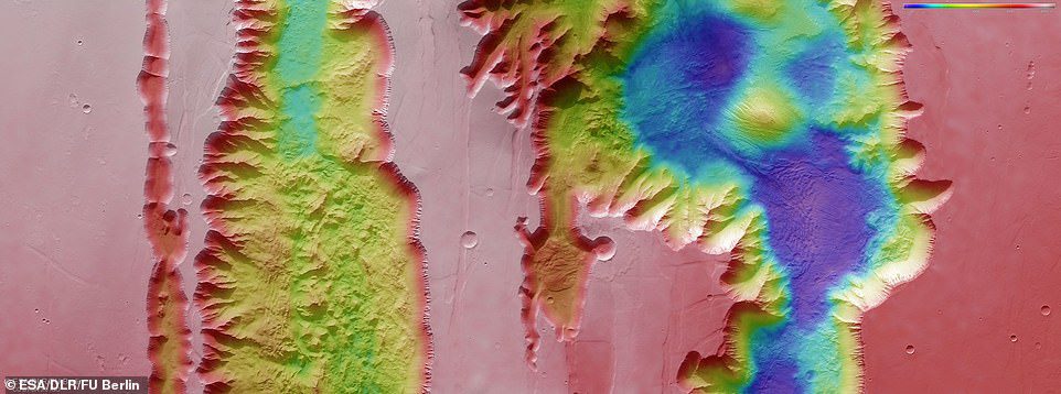 في الصورة أعلاه: صورة طبوغرافية مرمزة بالألوان تُظهر Ius و Tithonium Chasmata ، والتي تشكل جزءًا من هيكل Mars 'Valles Marineris Canyon ، والتي تم إنشاؤها من البيانات التي جمعتها شركة Mars Express التابعة لوكالة الفضاء الأوروبية.