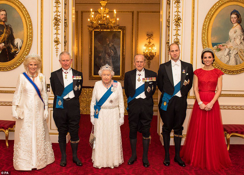 (من اليسار إلى اليمين) دوقة كورنوال وأمير ويلز والملكة إليزابيث الثانية ودوق إدنبرة ودوق ودوقة كامبريدج في قصر باكنغهام في 8 ديسمبر 2016