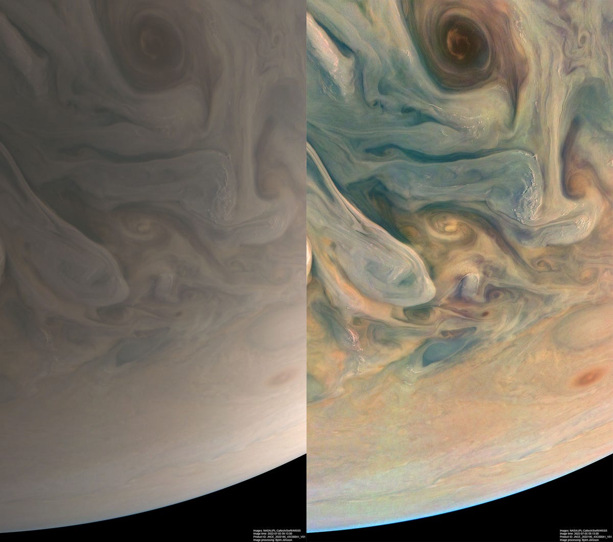 على اليسار نسخة بيج ناعمة من كوكب المشتري.  على اليمين توجد نفس الصورة ، باستثناء درجات الأزرق والبرتقالي والأصفر.