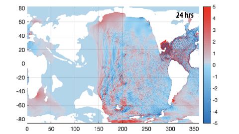 يوضح هذا الرسم البياني حركة ارتفاع سطح البحر في تسونامي بعد 24 ساعة من التأثير.