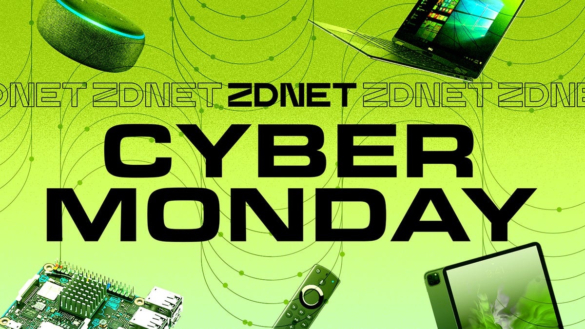 نص كبير أبيض في Cyber ​​Monday يحتوي على أجهزة إلكترونية خلفه