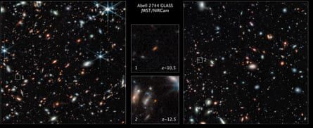 حقلان نجميان مع مربعات تحديد المواقع تُظهِر المجرات ، مع صور مكبرة قابلة للسحب للمجرات نفسها في المنتصف