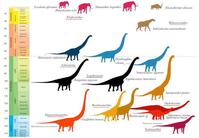الديناصورات والثدييات العملاقة عبر مخطط الوقت