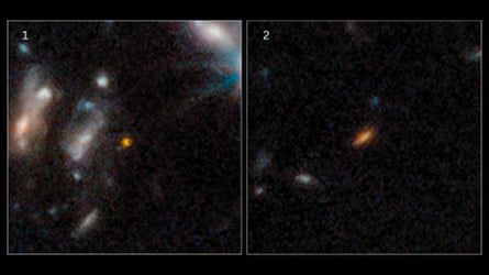 صور جنبًا إلى جنب لمجرات بعيدة ، تظهر على شكل ضبابية ضاربة إلى الحمرة بيضاوية الشكل ضد سواد الفضاء