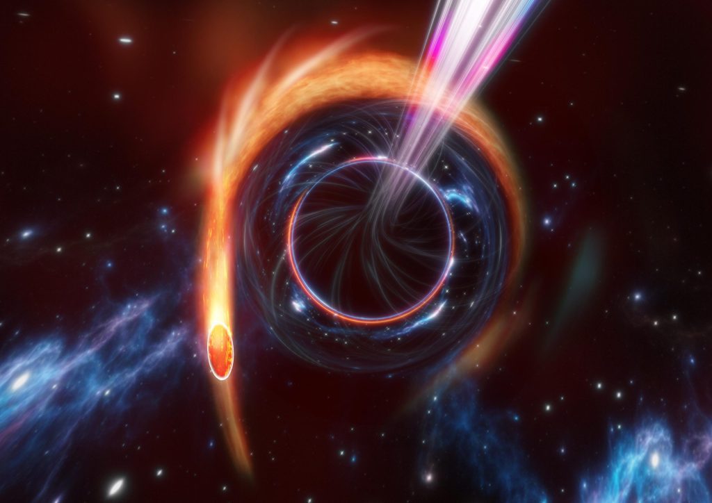الثقب الأسود الهائل يمزق النجوم بعنف ويطلق نفاثًا نسبيًا نحو الأرض