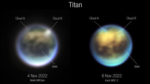 قارن علماء الفلك صور Webb (على اليسار) و Keck لتيتان لمعرفة كيف تطورت الغيوم.  يبدو أن السحابة A تدور ، بينما يبدو أن السحابة B تتبدد.