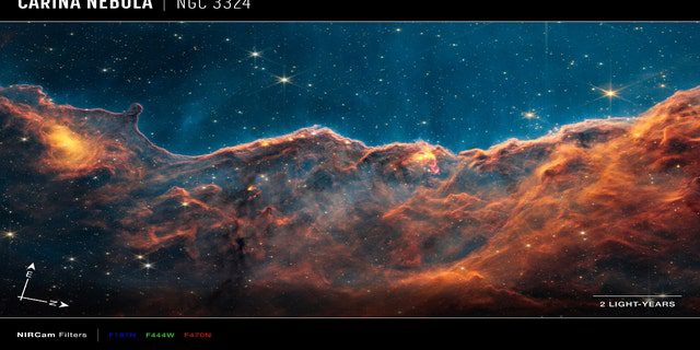 صورة للمنحدرات الكونية ، وهي منطقة على حافة تجويف غازي عملاق داخل NGC 3324 ، تم التقاطها بواسطة كاميرا ويب بالقرب من الأشعة تحت الحمراء (NIRCam) ، مع أسهم البوصلة وشريط المقياس ومفتاح اللون للرجوع إليها.  يظهر سهم البوصلة الشمالية والشرقية اتجاه الصورة في السماء.  لاحظ أن العلاقة بين الشمال والشرق في السماء (كما يُرى من الأسفل) انقلبت بالنسبة إلى أسهم الاتجاه على خريطة الأرض (كما رأينا من الأعلى).  يُشار إلى شريط المقياس بالسنوات الضوئية ، وهي المسافة التي يقطعها الضوء في سنة أرضية واحدة.  يستغرق الضوء عامين ليقطع مسافة مساوية لطول الشريط.  السنة الضوئية الواحدة تساوي حوالي 5.88 تريليون ميل أو 9.46 تريليون كيلومتر.  تُظهر هذه الصورة أطوال موجات الأشعة تحت الحمراء القريبة من الضوء والتي تُرجمت إلى ألوان الضوء المرئي.  يوضح مفتاح اللون مرشحات NIRCam التي تم استخدامها عند جمع الضوء.  لون كل اسم مرشح هو لون الضوء المرئي المستخدم لتمثيل ضوء الأشعة تحت الحمراء الذي يمر عبر هذا المرشح.  تم بناء NIRCam الخاص بـ Webb بواسطة فريق في جامعة أريزونا ومركز التكنولوجيا المتقدمة التابع لشركة Lockheed Martin.