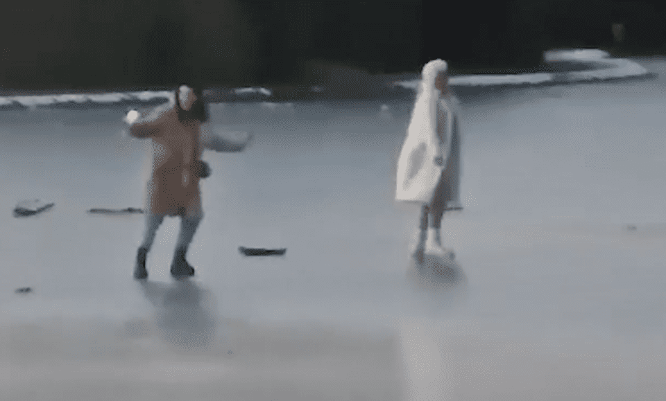 تم تصوير المجموعة بالفيديو وهي تلتقط صور سيلفي وتتزلج وتلعب كرة القدم على الجليد.  (سوينس)